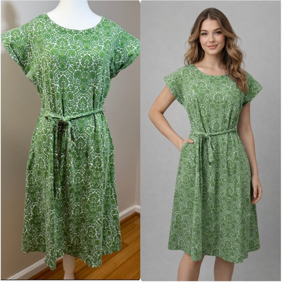 Talbots Dresses & Skirts - Talbots Damask Floral Dress Women LP Green Excellent Cap Sleeve Cotton Belted
